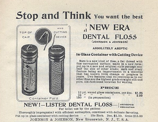 Zeitungsanzeige der Firma Johnson & Johnson. Zahnseide in Glasbehältern mit Schneidevorrichtung