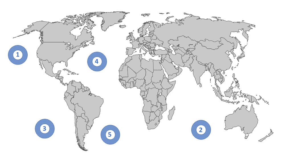 Weltkarte mit der Darstellung der fünf großen Müllstrudel: 1 = Nordpazifischer Müllstrudel, 2 = Indischer Müllstrudel, 
3 = Südpazifischer Müllstrudel, 4 = Nordatlantischer Müllstrudel, 5 = Südatlantischer Müllstrudel